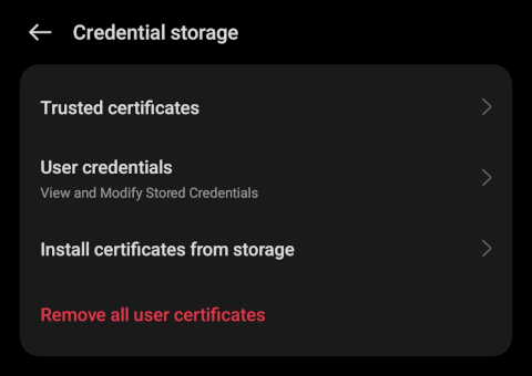 Android Credential storage menu