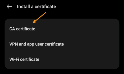 Android Install certificates menu