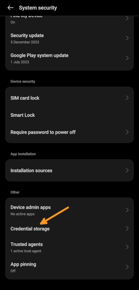 Android System Security menu